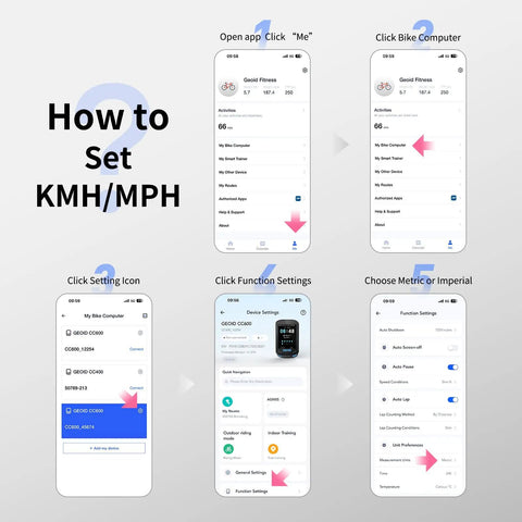 Color Screen Cycling Computer With Wireless GPS Navigation And Reroute Planning setup guide showing KMH/MPH settings on phone app interface.