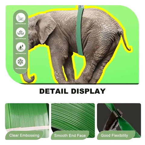 Heavy Duty PET Strapping For Packaging And Bundling High Tensile Green Polyester Strapping Rolls Your Go To Cargo Tie Down For Warehousing And Transport 1200m Reel Tough And Secure with strength demonstration using an elephant graphic.