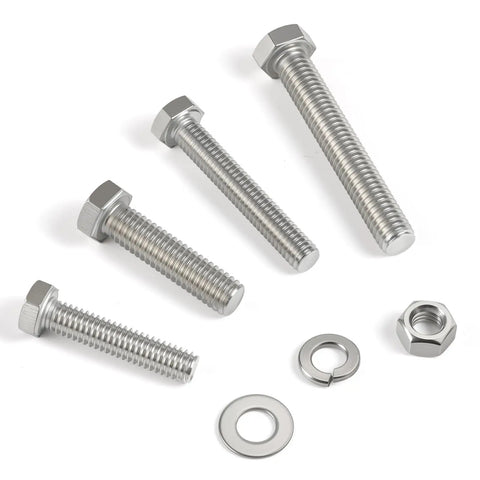 Rock Solid 3/8-16 Hex Head Bolts With Lock Nuts And Flat Washers 304 Stainless Steel Full Threaded Hardware Kit displayed on a white background.