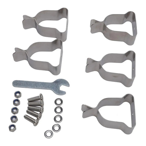 Heavy Duty Window Well Cover Clamp Set Made From Cold Rolled Steel Galvanized Spring Clamps Hardware Kit With Wrench For Corrugated Metal Plastic Covers To Stop Slippage And Keep Your Basement Dry This Rigged Up Gear Is Total Banger; 5 clamps, wrench, bolts and washers