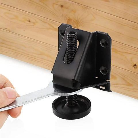 Four Pack Adjustable Furniture Leveling Feet Heavy Duty Support Up To 2000 Lb Capacity With 0 To 2.6 Inch Height Adjustment And Black Finish With Durable Zinc Plated Construction And Anti Slip Floor Protectors For Stable Level Surfaces, black furniture leveler installed with wrench