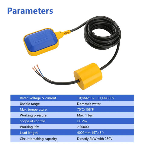 13ft Cable Float Switch Water Level Controller For Pumps Tanks Pools And Sewage Systems, dual mode, yellow and blue, 13ft cable