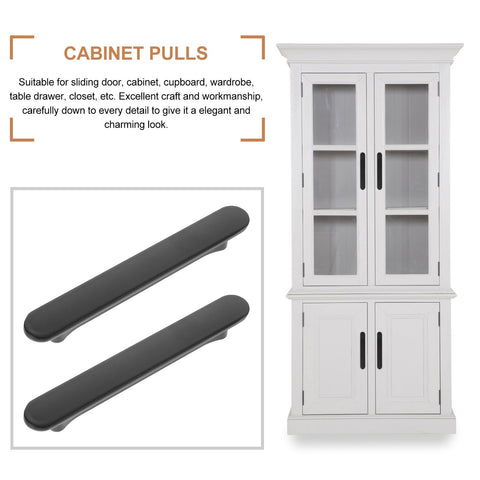 Black Arc Brushed Kitchen Cabinet Handles 2 Pack, 96mm drawer pulls shown on white cabinet with glass doors.