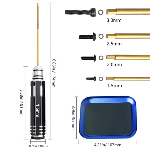 Titanium Hex Screwdriver Set With 1.5mm 2.0mm 2.5mm 3.0mm Bits, 4-Way RC Wrench, Screw Tray, End Cap Handle, Pro Grade Allen Keys