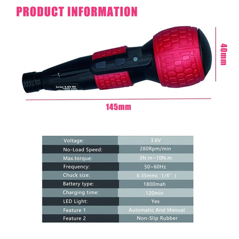 2 In 1 Cordless Electric Screwdriver With USB C Rechargeable Red LED Kit 3Nm Electric Torque And 10Nm Manual Torque in red and black