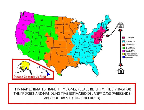 U.S. map showing estimated shipping times with color-coded regions in days