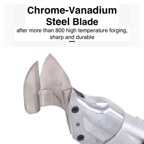 Close-up of the chrome-vanadium steel blade on Rock Solid 18v Cordless Metal Shears with Brushless Motor for precise cutting.