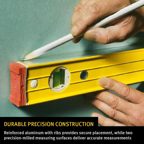 Heavy Duty Magnetic Level Set Including Forty Eight And Twenty Four Inch Pro Spirit Levels Along With Compact Torpedo Level And Rugged Carry Case during use on wall.