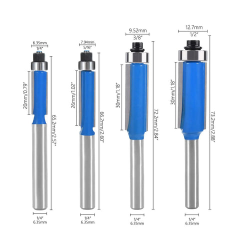 Four Piece One Quarter Inch Shank Top Bearing Flush Trim Router Bit Set With Diameters One Quarter, Five Sixteenths, Three Eighths, And One Half Inch For Veneer Flush Trimming And Template Work Pro Grade Kit For Precise Repeats showing all four sizes with measurements