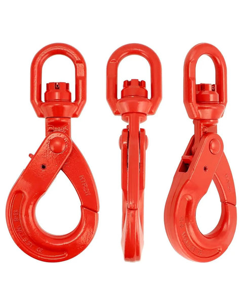 Heavy Duty Rock Solid G80 Alloy Steel Swivel Self Locking Hook 3/8 Inch 2470 Lbs angle view red finish