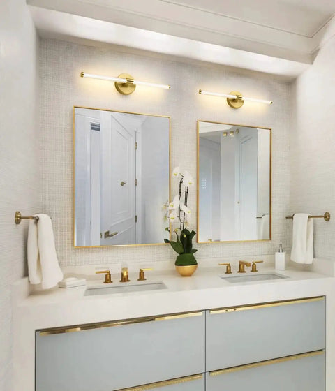 Bathroom with Two Pack Brass Gold Vanity Light Bar Set For Bathroom LED Wall Sconces Over Mirror, modern design, 23.75 inch length.
