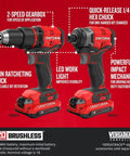 V20 Max Cordless Drill And Impact Driver Combo Kit with two tools, showing 2-speed gearbox, LED work light, and brushless motors.