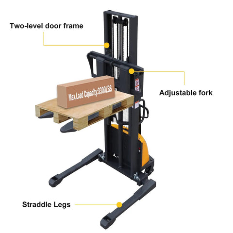 Heavy Duty Semi Electric Pallet Stacker with adjustable fork and two-level door frame, featuring 3300 lb capacity and straddle legs.
