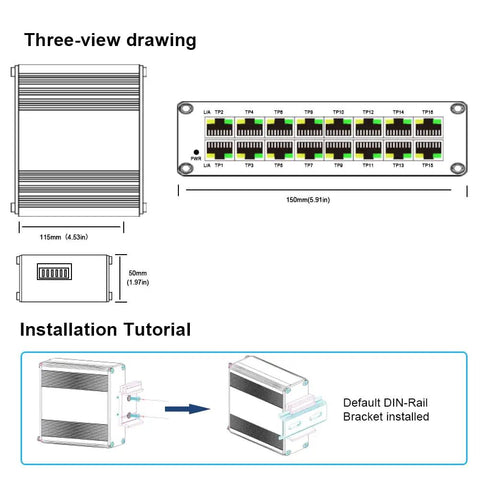 Diagram of Rugged Industrial 16-Port Gigabit Ethernet Switch With 10/100/1000Mbps RJ45, showing dimensions and DIN-rail installation.