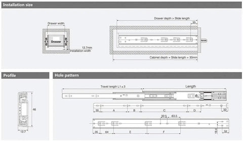 Diagram showing installation dimensions for 22 Inch Double Spring Soft Close Drawer Slides Full Extension Ball Bearing 100 Lb Capacity