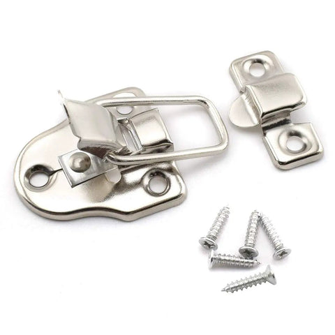 Antique Duckbilled Toggle Latch 2 Pack with Screws for jewelry boxes and tool chests, shown with screws, silver color, spring loaded