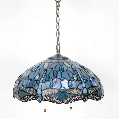 Tiffany Style Sea Blue Stained Glass Dragonfly Pendant Light, 16 Inch Wide, Antique Bronze Fixture, with chain, front view, S147 Series