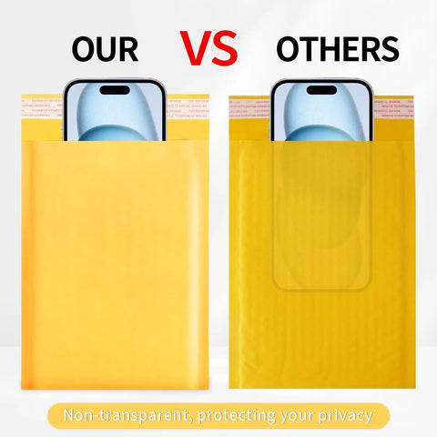 Comparison of yellow kraft bubble mailers, opaque vs. transparent showing privacy for Yellow Kraft Bubble Mailers 3.5x5 Inch Inner, 3.5x6.7 Inch Outer Self Sealing Padded Envelopes For Jewelry, Makeup, And Small Biz Shipping, Durable Adhesive, Lightweight 105 Pack