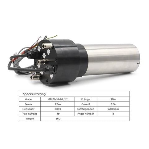 Heavy Hitter 2.2KW Water Cooled CNC Spindle Motor with wiring connections and specs for woodworking milling.