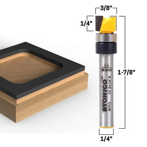 Flush Trim Router Bit Three Eighths Inch Diameter With One Quarter Inch Shank Pro Grade For Template Work Premium C3 Micro Grain Tungsten Carbide Blades shown with cutting dimensions.