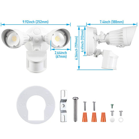 3CCT LED Security Light With Motion Sensor parts and dimensions, aluminum adjustable heads, IP65 waterproof for outdoor use.