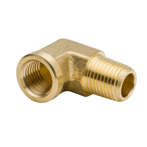 One eighth inch brass NPT elbow fitting, 90-degree male to female connector, durable for plumbing and pneumatic systems.