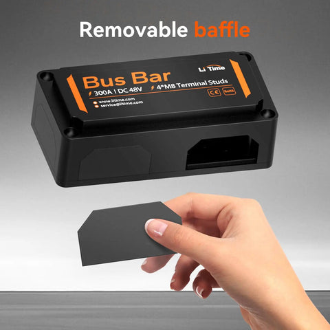 Heavy Duty 300A Bus Bar With Four M8 Studs Power Distribution Block For 48V DC Battery Systems showing removable baffle and hand.