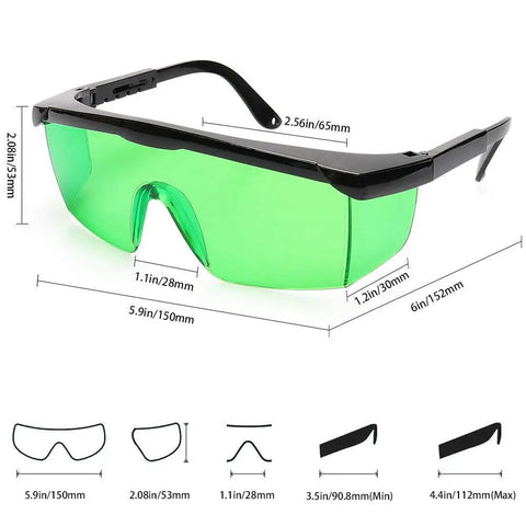 Green Laser Safety Glasses 2 Pack For UV And Infrared Protection With Adjustable Frames, side and front view shown with measurements.