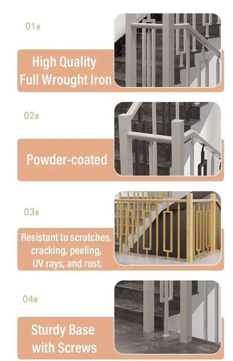 White Floor Mount Stair Spindles With Included Screw Kit Rock Solid Metal Balusters Installed on stairs with sturdy base and clean finish.