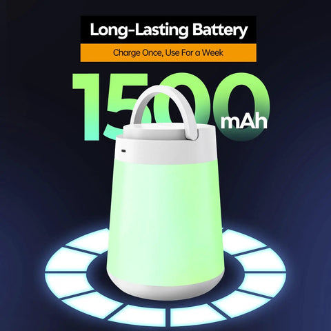 Portable kids night light with touch sensor, soft LED for nursing and sleep aid, showing 1500 mAh battery capacity on display.