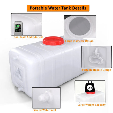 Large 29 Gallon Water Storage Tank With Spigot and 3m Hose Control Valve for Camping RV Truck Emergency Preparedness Durable Plastic