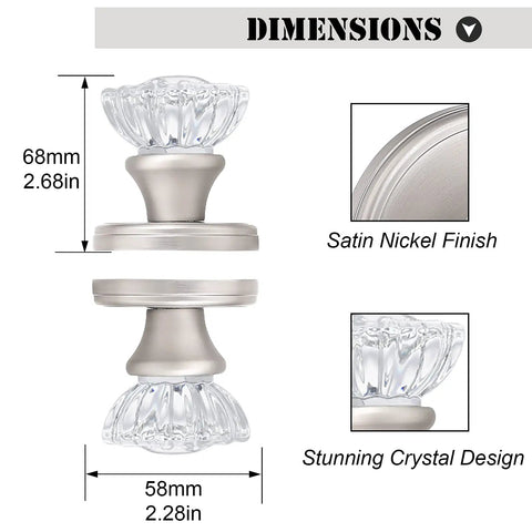 Crystal Half Dummy Glass Door Knob Set For Hall And Closet Interiors, Non Turning No Locking Handle, Satin Nickel, Dimensions Shown