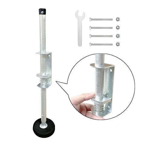 Beefed Up Ladder Leveler Pair With Engraved Non Slip Pattern, showing close-up of steel pole, silicone pad, and installation tools.
