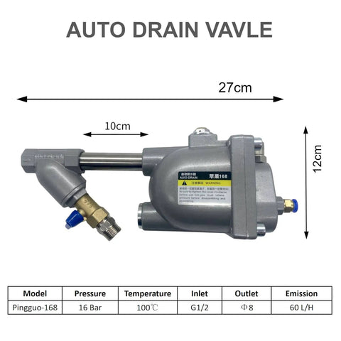 Automatic Drain Valve For Air Compressor G1/2 Inch 1.6 MPa Drainer shown with specifications and measurements