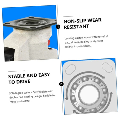 Heavy Hitting Workbench Leveling Casters Four Pack Swivel Transport Wheels showing non-slip wear resistant nylon wheel and aluminum alloy body.