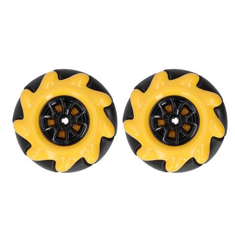 High-visibility 48mm mecanum wheels for robots, yellow and black design offering superior grip and omni-directional movement