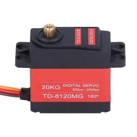 High Precision Waterproof Digital Servo Motor With 20kg Killer Torque And Rock Solid Heavy Duty Metal Gears For Cars Trucks Planes Drones, side view with wire connection.