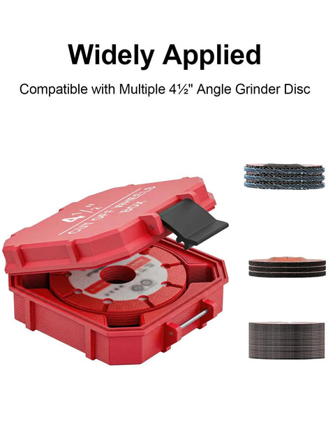 Job Site Ready No Mess Rig 4.5 Inch Grinder Cutoff Wheel Storage Case With Custom Separation Bins For Small Table Miter And Circular Saw Blades, red organizer with opened lid.