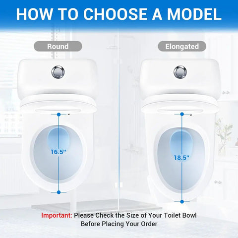 Round Toilet Seat 16.5 Inch Soft Close White Plastic With Rock Solid Mounting That Stays Put All Day Long Smooth Close Action Quick Install Job Total Bathroom Glow Up For Your Home diagram comparing round and elongated toilet sizes