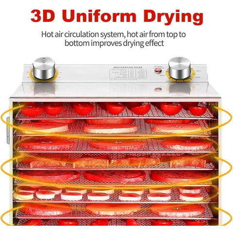 Heavy Duty Commercial Food Dehydrator With Rust Proof Steel Build Triple Rack Setup And Flawless Temp Control For Crushing Through Massive Loads Of Tomatoes Pork Chops And Kale Greens featuring 3D uniform drying system and temperature control knobs.