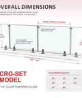 Overall dimensions illustration of Heavy Duty Six Panel Frameless Tempered Glass Deck Railing Kit 44 inches tall.