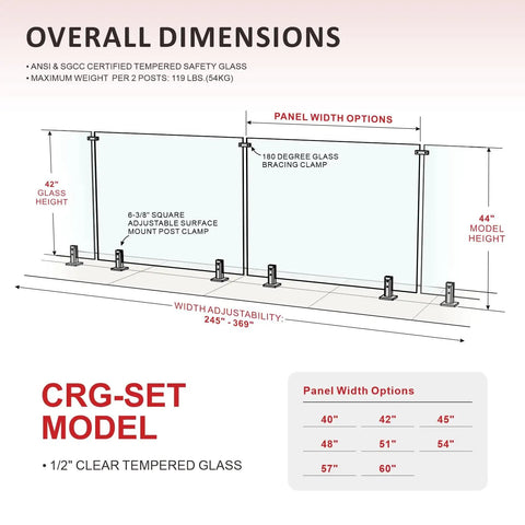 Overall dimensions illustration of Heavy Duty Six Panel Frameless Tempered Glass Deck Railing Kit 44 inches tall.