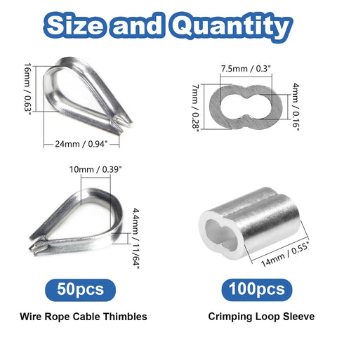All In One 1/8 Inch Wire Rope Crimp Sleeve Kit with 100 Aluminum Crimp Sleeves and 50 M3 Stainless Steel Thimbles details