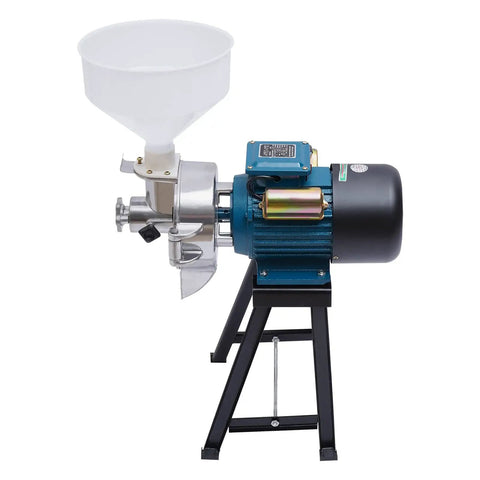 Heavy Duty 2200W 110V Wet Grain Mill Grinder with funnel, side view, showing durable steel construction for kitchens and cafes