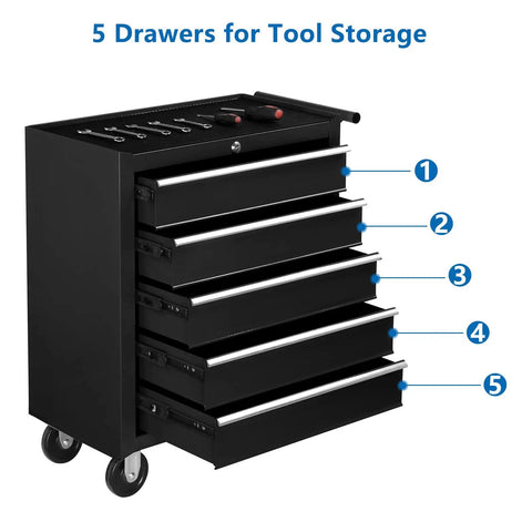 Heavy Duty Rolling Tool Storage Cabinet With Five Deep Drawers And Secure Padlock Grease Monkey Approved, side view with smooth glide casters.