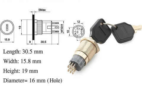 16mm Rotary Key Switch Lock With 6 Pin DPDT 2NO-2NC, 3-Position Latching Keyed Lock For Panel Mounts, Control Panels, Vending Machines, Industrial And Access Gear, brass body with keys