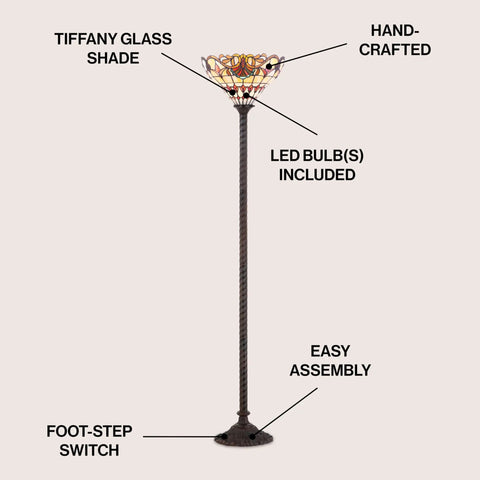 70 Inch Bronze Tiffany Style Stained Glass Torchiere Floor Lamp With Handcrafted Iron Stand, Classic Vibe Living Room Light