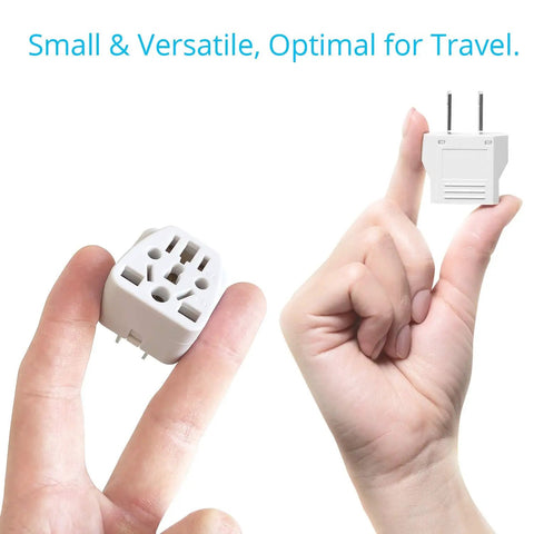 Must Have Lifesaver Universal Travel Adapter And Converter For US Outlets Type A And B, shown in hand for size reference.