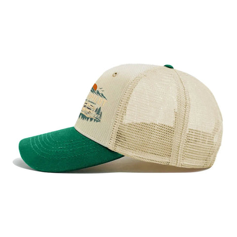 Side view of beige and green RV Pilot Hat for road trips and camper vacations dope outdoors cap with graphic design.