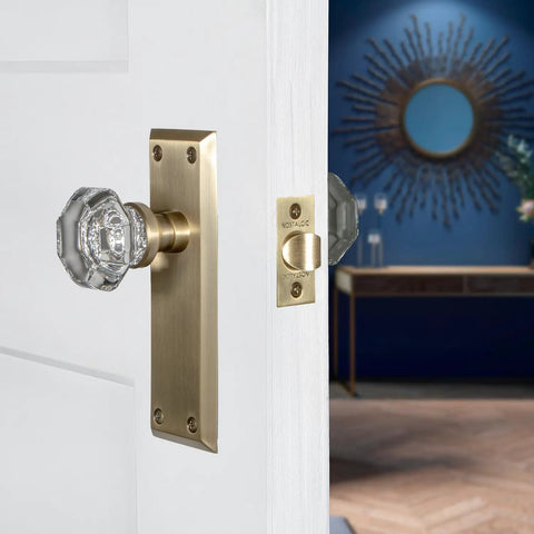 Crystal Door Knob With Long Back Plate Set, New York Waldorf Style Vintage Hardware For Homes installed on white door